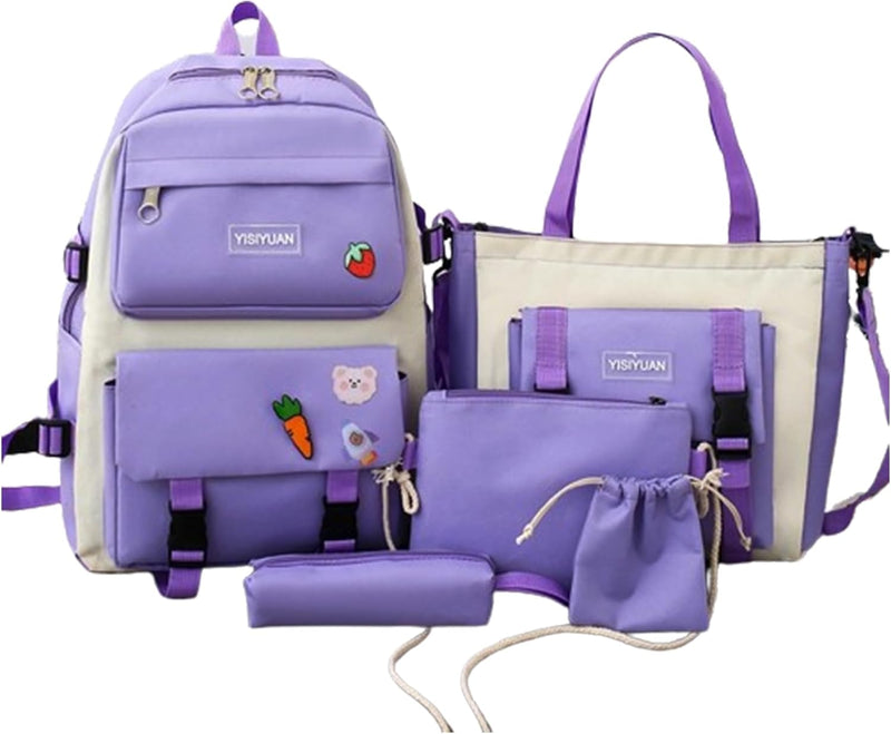 Kids Cute Backpack Set for School, 5PCS Kwaii School Bag Large-capacity, Girls Boys Back to School Book Bag Backpack for Teen - A/purple