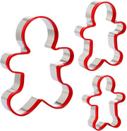 3Pcs Gingerbread Man Cookie Cutters, Stainless Steel Christmas Cookie Cutter Tools with Red Environmental PVC, Gingerbread Boy Shape Moulds Set for Baking
