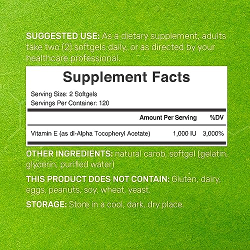 DEAL SUPPLEMENT Vitamin E Supplements, 1,000 IU Per Serving, 240 Softgels â€“ Extra Strength Antioxidant Protection â€“ Bioavailable Stable Form â€“ Skin, Heart, Brain, & Immune Support â€“ Non-GMO