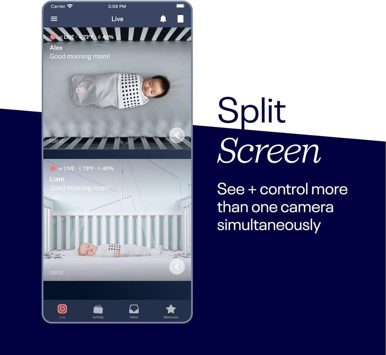 Nanit Pro 1080p HD Smart Baby Monitor & Flex Duo Stand, Featuring Split Screen and Alert Zone Function, Includes Small Breathing Band, White