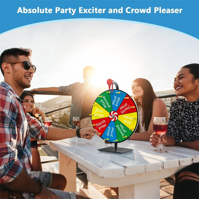 12 Inch Prize Wheel Spinning Game - Carnival Spinner Wheel for Prizes, Fortune Wheel Spinner with Stand, Ruleta de Premios with Dry Erase Marker and Eraser, 10 Options