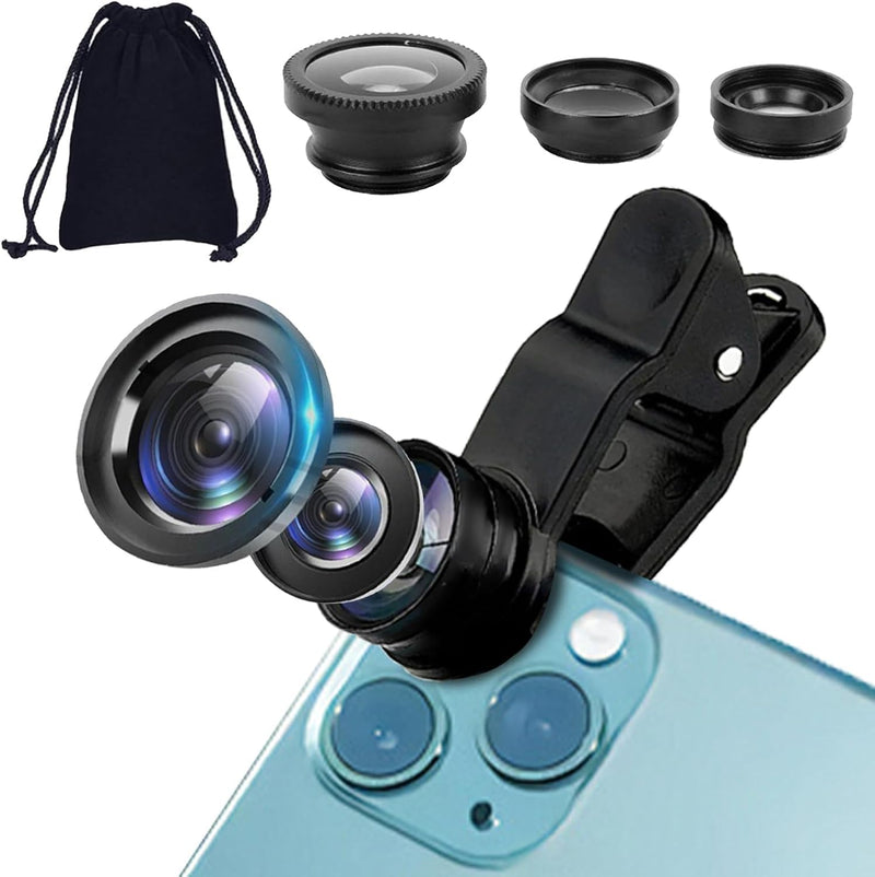 3 in 1 Phone Camera Lens Kit with 160 Degree Fisheye and Macro Lenses for Mobile Photography, Universal Clip-on Design compatible with iPhone, fits Samsung, and for Huawei Smartphones, Black