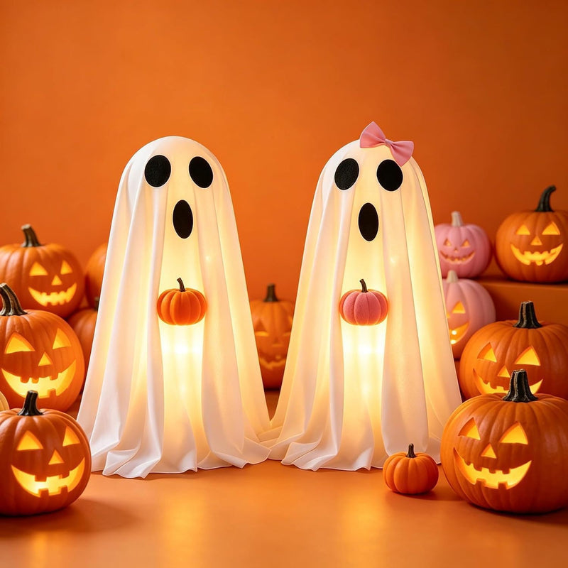 Halloween Decorations, 2 Pack Lighted Spooky Ghost with Pumpkin and Bow, Cute Standing Ghost Decor for Halloween Decorations Indoor Home Office Table Mantel Shelf Party Supply - A