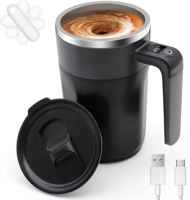 Rechargeable Electric Self Stirring Coffee Mug, Auto Magnetic Magnetized Auto Stirring Mug w/LCD Thermometer (White) - Black