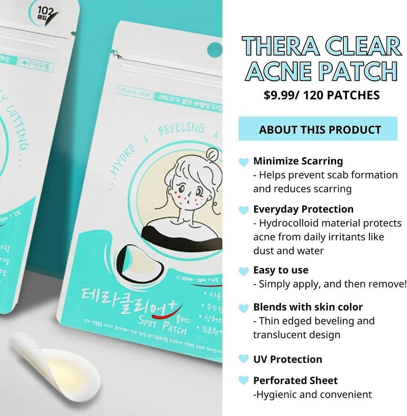 THERA CLEAR Acne Care Pimple Patch - 102 Ultra Thin Invisible Patches, Hydrocolloid UV Protection Water-resistant for Zits Blemish Whitehead Cystic Acne Pore Spot Treatment Stickers, Hidden Pimples