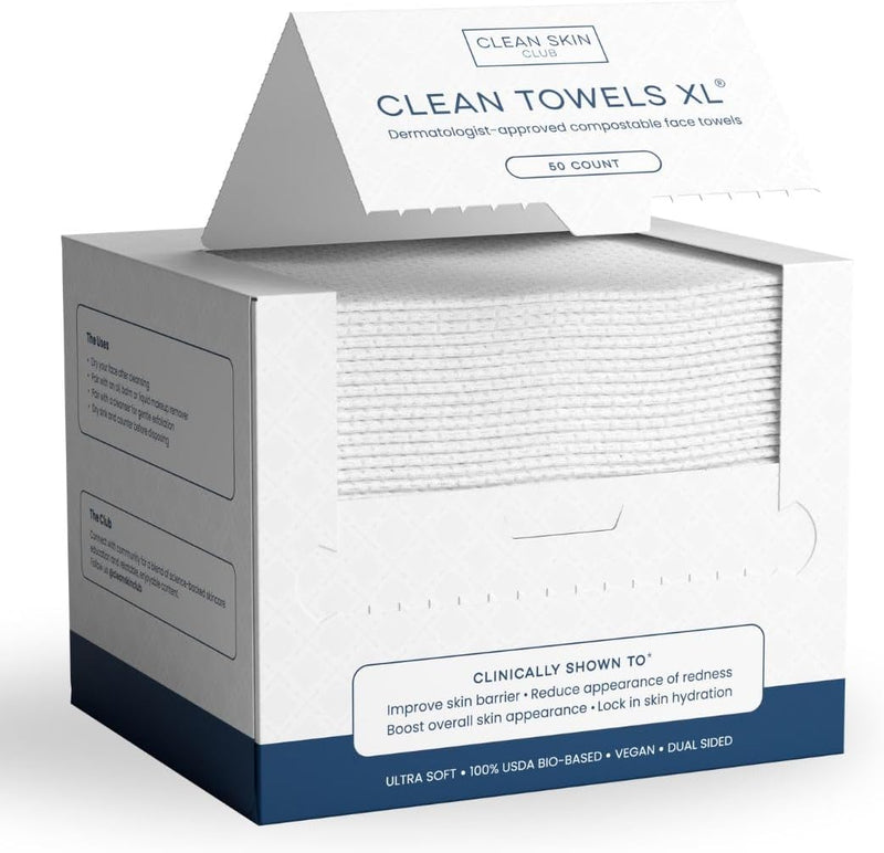 CLEAN SKIN CLUB CSC CT Clean Towels XL/World's First Biodegradable Face Towel/Disposable Makeup Removal Wipes/Super Soft 50 Count Single BoxWhite