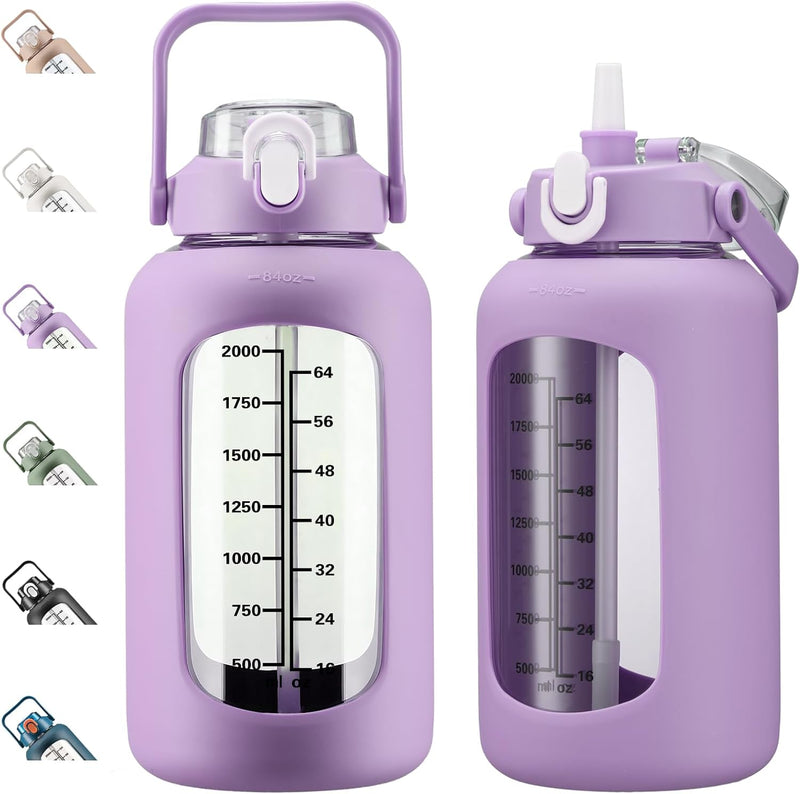 64oz Glass Water Bottles with Straw, Half Gallon Motivational Glass Bottle with Silicone Sleeve and Time Marker, 2L Leakproof Large Glass Water Jug for Gym Home Office,Black - 84 Ounces Purple