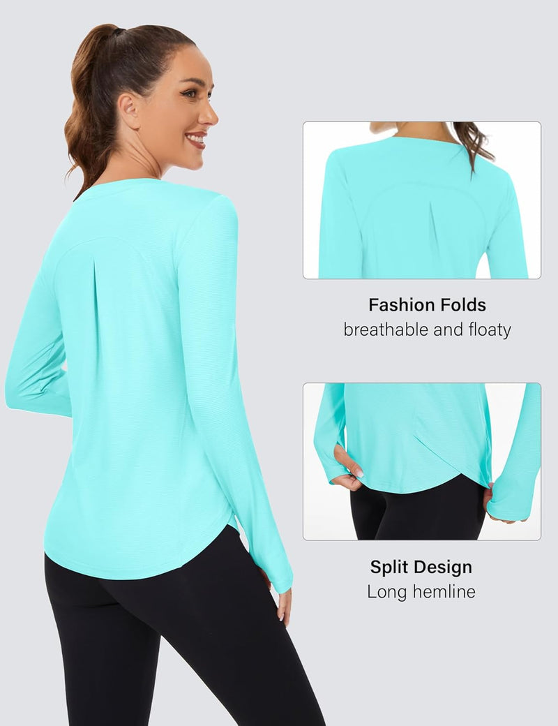Rapbin Women's UPF 50+ Sun Protection T-Shirts Long Sleeve Boat Neck Workout Lightweight Quick Dry Top with Thumb Hole