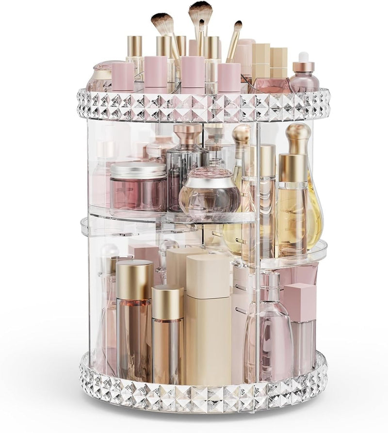 SKY-TOUCH 360-Degree Rotating Makeup Organizer,3-Tier Adjustable Cosmetic Storage Display Box Transparent Vanity Organizer for Skincare, Fragrance, and Beauty Products Bedroom,Countertop Organizer