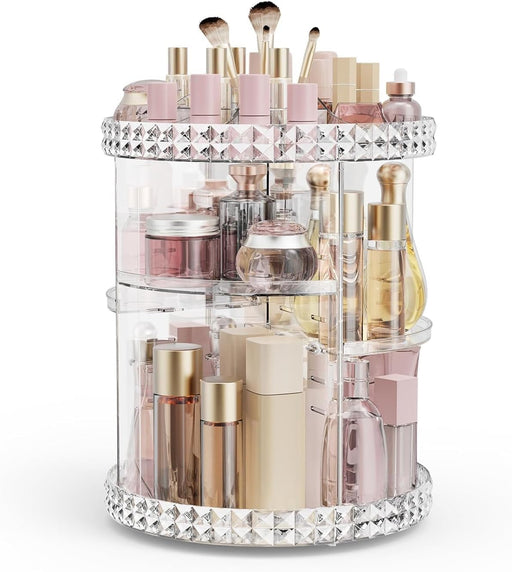 SKY-TOUCH 360-Degree Rotating Makeup Organizer,3-Tier Adjustable Cosmetic Storage Display Box Transparent Vanity Organizer for Skincare, Fragrance, and Beauty Products Bedroom,Countertop Organizer