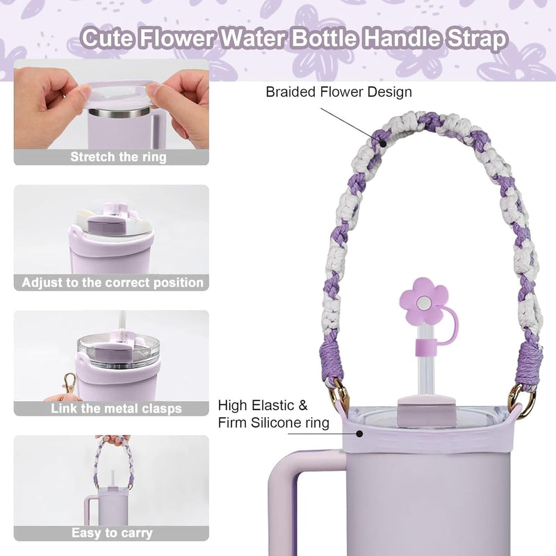 tewiaii 6 PCS Use for Stanley Cup Tumbler Accessories 40oz 30oz,Compatible with Stanley Cup Tumbler Water Bottle Handle Sling Strap for Carrying (Purple)