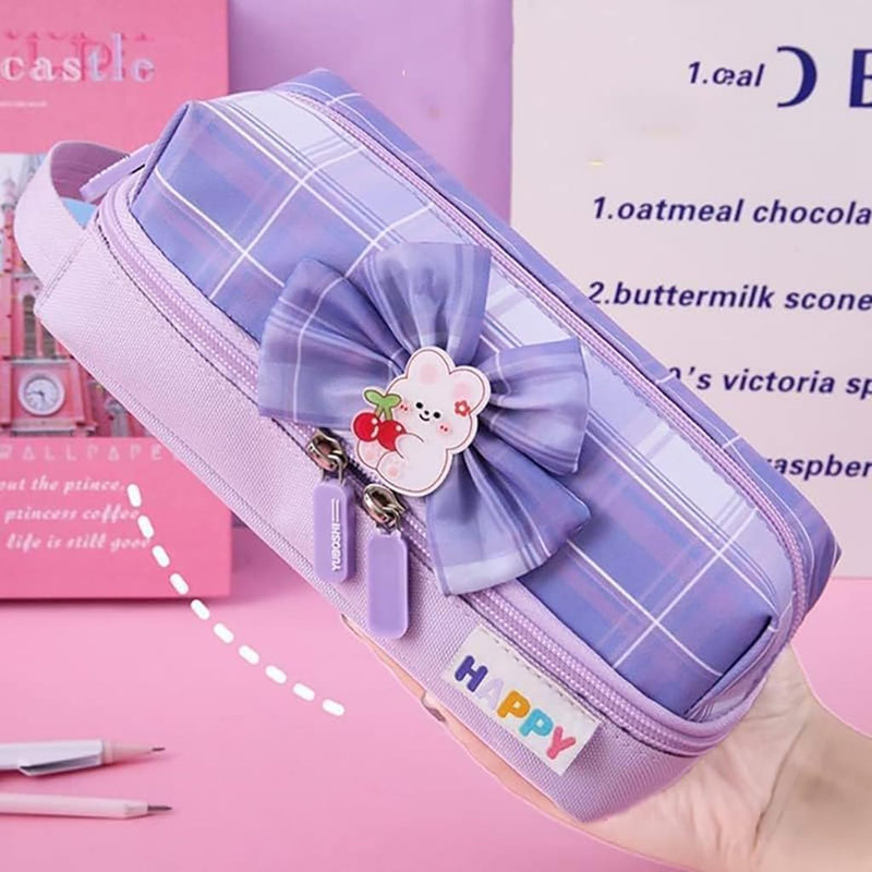 HASTHIP Pencil Case Large Capacity Canvas Pencil Pouch with Bowknot, Double Zipper, Multi-Layer Compartments, Gusset Design, Cute Pink Pen Bag for Girls/Women, Stationery Storage, Cosmetic Organizer