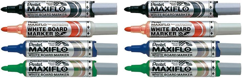 Pentel 6.0mm Bullet Tip Wallet 4 Maxiflo White Board Marker Liquid Ink - Black/Red/Blue/Green