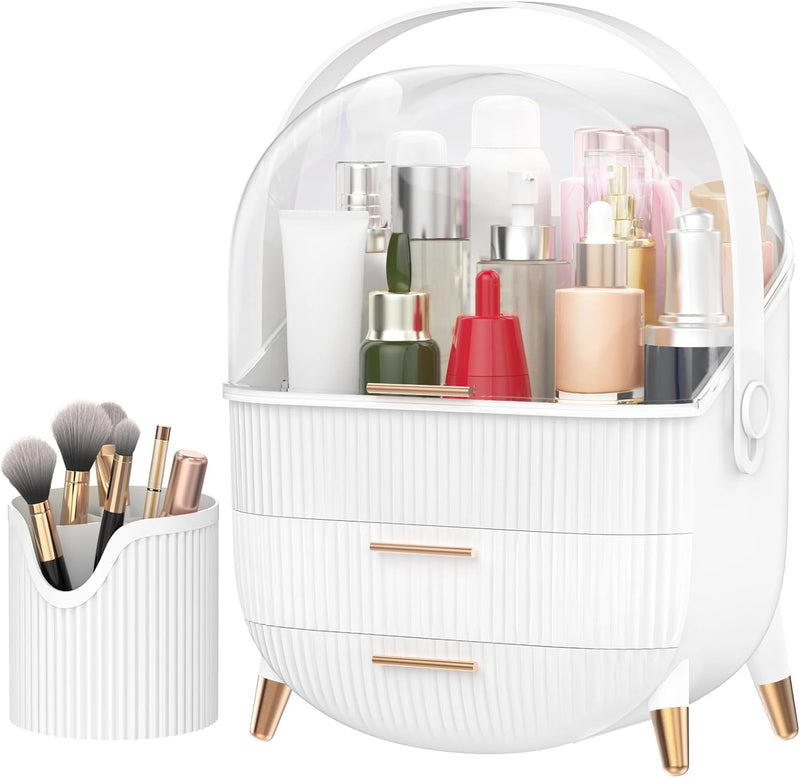 FORTHEE Makeup Organizer, Cosmetics Organizer Display Case with Two Drawers and Brush Storage Box, Skincare Organizer Box Suitable for Bathroom Countertop and Bedroom Vanity Dresser (White)