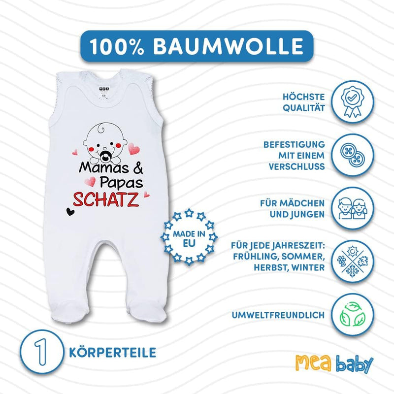 MEA BABY Unisex Baby Strampler mit Spruch Mamas & Papas Schatz,100% Baumwolle. Baby Strampler Weiß. Baby Strampler für Mädchen Baby Strampler für Jungen.