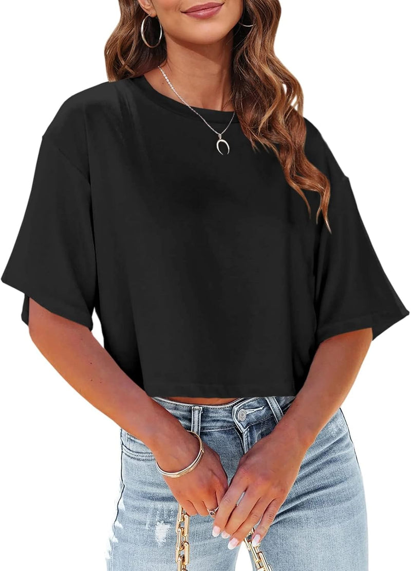 Women Half Sleeve Cropped T-Shirts Drop Shoulder Round Neck Crop Tops Casual Summer Solid Color Basic Tees - Black