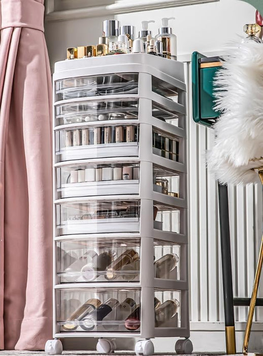 TAPIT Acrylic Clear Makeup Organizer and Storage Stackable Extra Large Skin Care Cosmetic Display Case with Pulley Makeup Accessories Beauty Skincare Product Organizer (White)