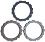 Silicone Baby Flower Teether Bracelets 3-Pack 3+ Months Easy Grip Soft Teething Toy Irritated Gum Relief 100% BPA Free Made in Denmark Blush/Rose/Shifting Sand - Steel/Dove Gray/Stone