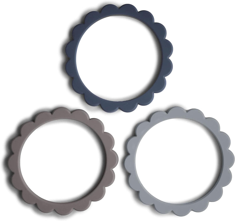 Silicone Baby Flower Teether Bracelets 3-Pack 3+ Months Easy Grip Soft Teething Toy Irritated Gum Relief 100% BPA Free Made in Denmark Blush/Rose/Shifting Sand - Steel/Dove Gray/Stone