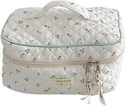 Cotton Makeup Bag Large Travel Cosmetic Bag Quilted Cosmetic Pouch Coquette Aesthetic Floral Toiletry Bag, B-Beige, 9.4x6.7x3.54in - A-White