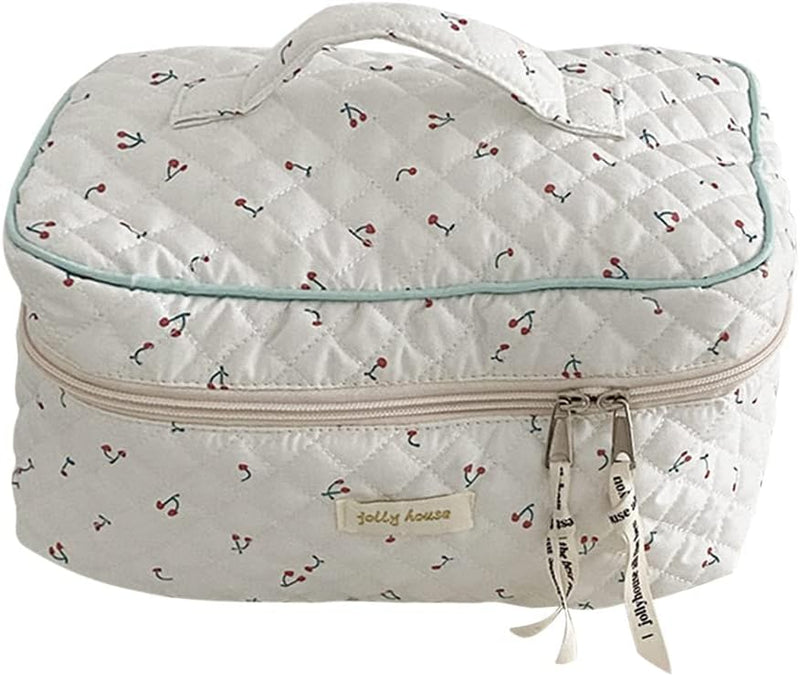 Cotton Makeup Bag Large Travel Cosmetic Bag Quilted Cosmetic Pouch Coquette Aesthetic Floral Toiletry Bag, B-Beige, 9.4x6.7x3.54in - A-White