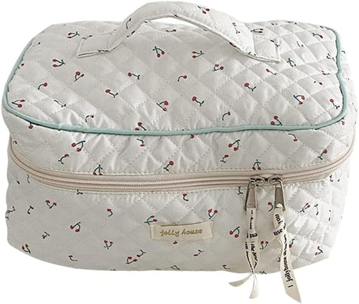 Cotton Makeup Bag Large Travel Cosmetic Bag Quilted Cosmetic Pouch Coquette Aesthetic Floral Toiletry Bag, B-Beige, 9.4x6.7x3.54in - A-White