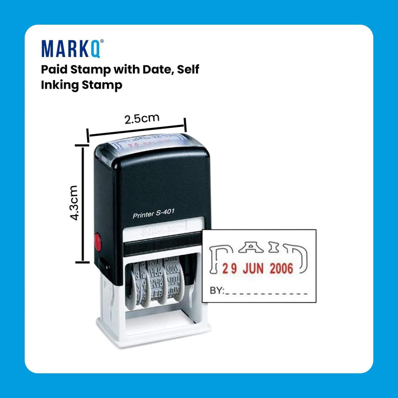MARKQ Paid Stamp with Date, Self Inking Stamp for Office Business Supplies, Red Ink Date and Blue Text
