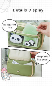 Panda Pencil Case, Cute Panda Pencil Case Large Capacity, Adults Aesthetic, Kawaii Pencil Pouch Cute With Zipper Preppy Pen Bag With Gel Ink Pens, Clips, Stickers, Pin, Green