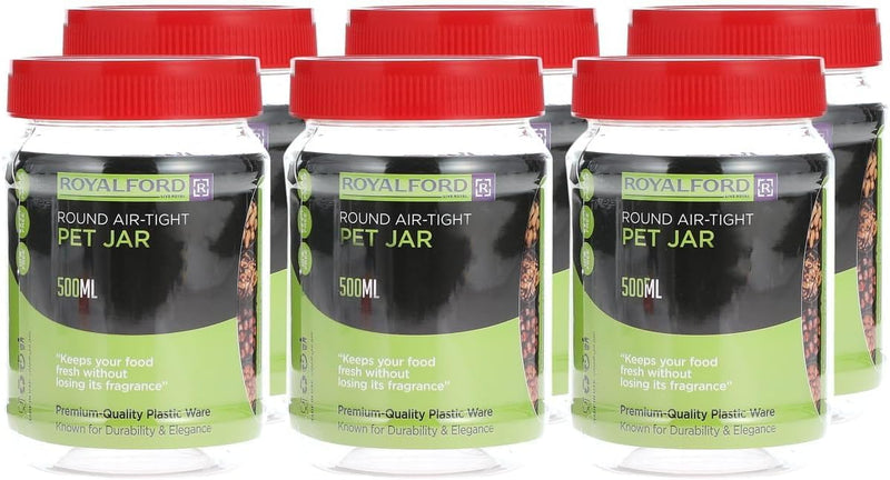 RoyalFord Round Airtight PET Jar RF11095 500ml Set of 6 Storage Containers Transparent Jar for Pulses, Cereals and Spices For Kitchen Organization PET Canister Kitchen, Clear - 500 ml, 6 piece