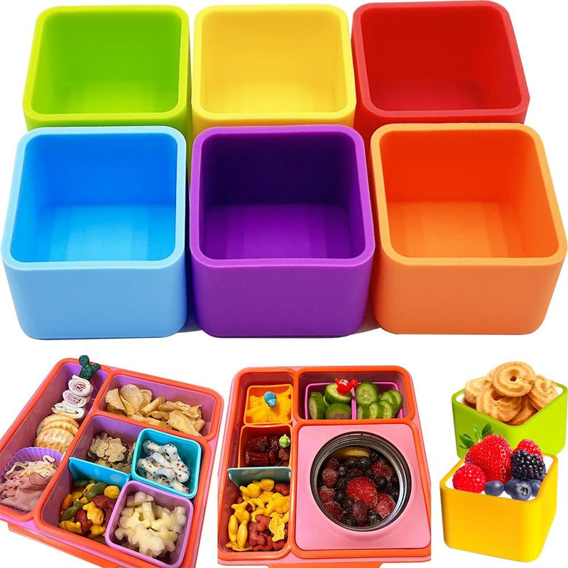 Silicone Bento Lunch Box Dividers Reusable Bento Box Containers Bundle Accessories- Non-Toxic, BPA Free, Dishwasher Safe - Square(Blue+Green+Purple+Yellow+Red+Orange)