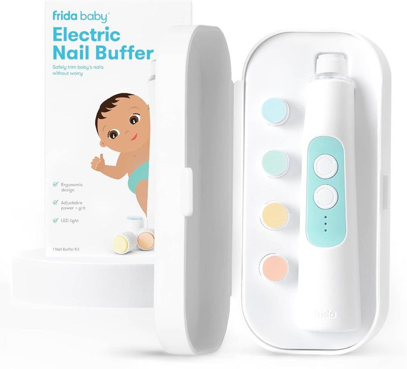 Frida Baby Electric Nail Buffer | Safe + Easy Baby Nail File, Baby Nail Clippers + Nail Trimmer Kit for Newborn, Toddler, or Children's Fingernails/Toenails, 4 Buffer Pads, LED Light, Storage Case