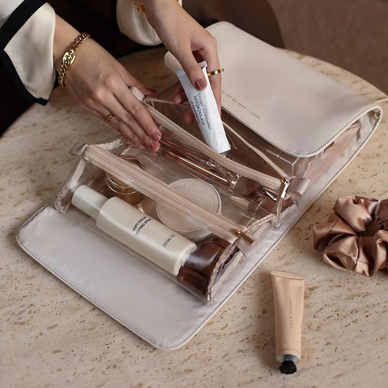 4 in 1 Travel Cosmetic Bag Roll-Up Toiletry Foldable Make Up Storage Bag for Skin Care Products, with 4 Detachable Zipper Pouches