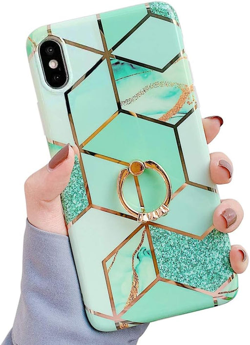 Qokey Compatible with iPhone Xs Max Case,Marble Case Cute Fashion for Men Women Girls with 360 Degree Rotating Ring Kickstand Soft TPU Shockproof Cover Designed for iPhone Xs Max 6.5 Inch Rhombic - Green