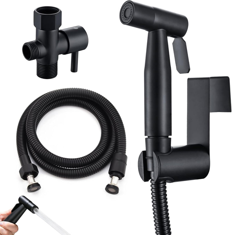 KWSLIN Handheld Bidet Toilet Sprayer Set, Washroom Washing Tool with 1.5meter Stainless Steel Hose, Support Wall or Toilet Mount, Suit for Pet Shower Cleaning Bathroom Floors Carpets, Black