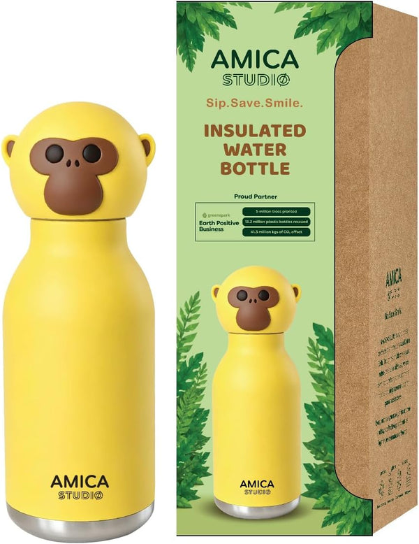Kids Water Bottle 460ml Insulated Stainless Steel - AMICA STUDIO (Dark Green) - Milo the Monkey