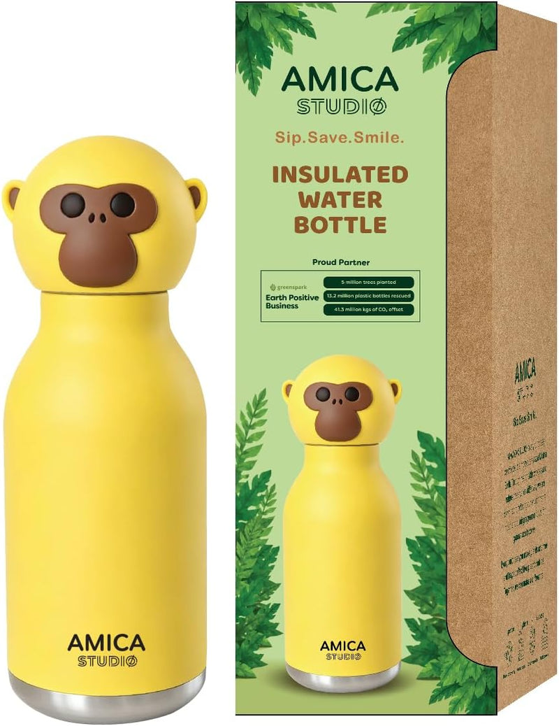 Kids Water Bottle 460ml Insulated Stainless Steel - AMICA STUDIO (Dark Green) - Milo the Monkey