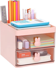LETURE Small Desk Organizer With Drawer, Office Desktop Storage Box, Business Card/Pen/Pencil/Mobile Phone/Stationery Holder Storage Box, Makeup Organizer for Office School Home (Pink) - Pink