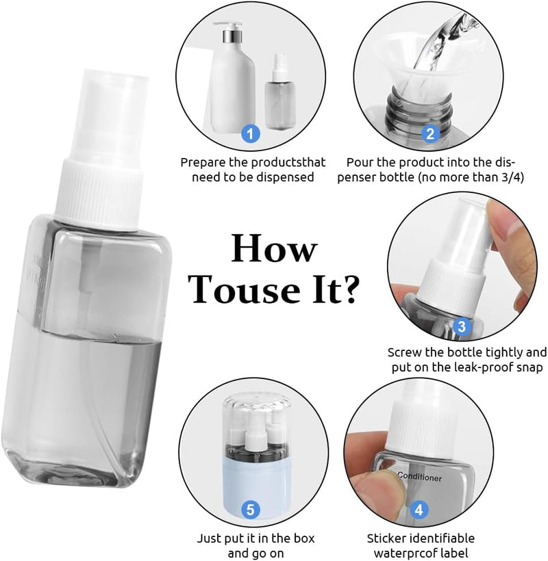 4 in 1 Travel Bottles for Toiletries, 50ml Spray Bottle & Lotion Bottle Kit, Portable
