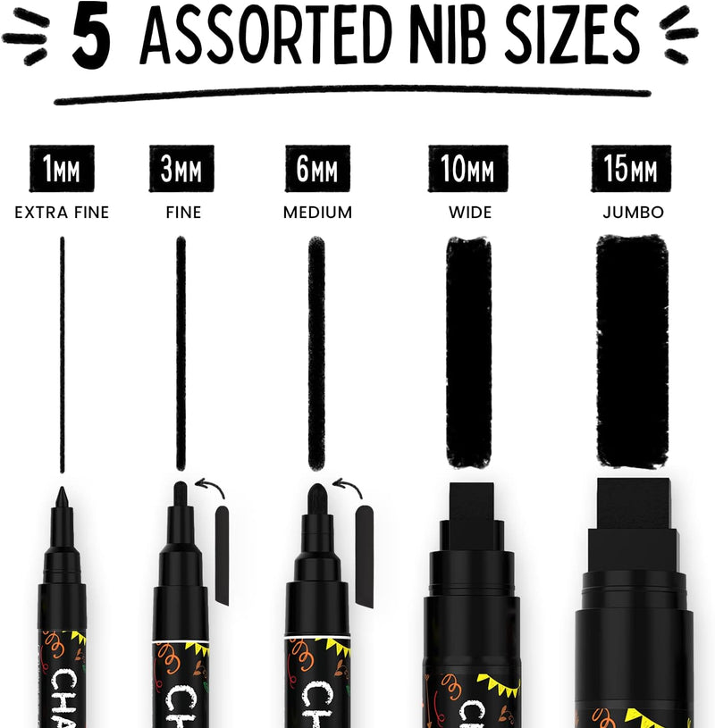Chalkola 5 White Chalk Markers for Chalkboard Signs, Blackboard, Car Window, Bistro, Glass | 5 Variety Pack - Thin, Fine Tip, Bold & Jumbo Size Erasable Liquid Chalk Pens (1mm, 3mm, 6mm, 10mm, 15mm)
