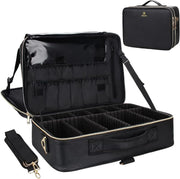 Makeup Case Large Makeup Bag Professional Train Case 16.5 inches Travel Cosmetic Organizer Brush Holder Waterproof Makeup Artist Storage Box, 3 Layer Large Capacity - Black Leather