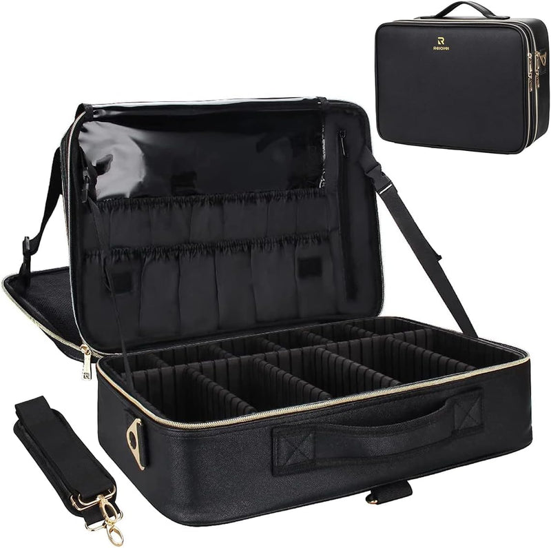 Makeup Case Large Makeup Bag Professional Train Case 16.5 inches Travel Cosmetic Organizer Brush Holder Waterproof Makeup Artist Storage Box, 3 Layer Large Capacity - Black Leather