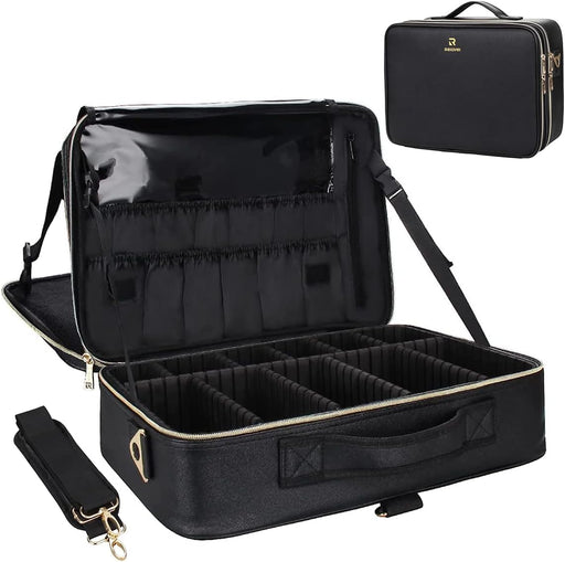 Makeup Case Large Makeup Bag Professional Train Case 16.5 inches Travel Cosmetic Organizer Brush Holder Waterproof Makeup Artist Storage Box, 3 Layer Large Capacity - Black Leather