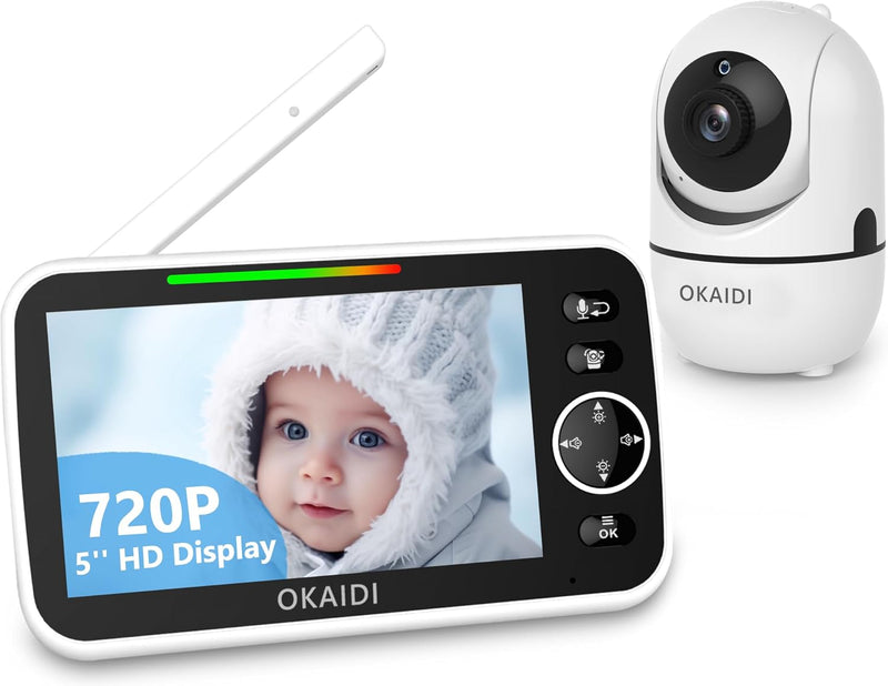 OKAIDI Video Baby Monitor with Camera and Audio, 5" Display Baby Monitor No WiFi, 30H Battery and 1000ft Range Baby Monitor, Remote Pan-Tilt-Zoom Baby Camera, Night Vision, 2-Way Talk, VOX,Temperature