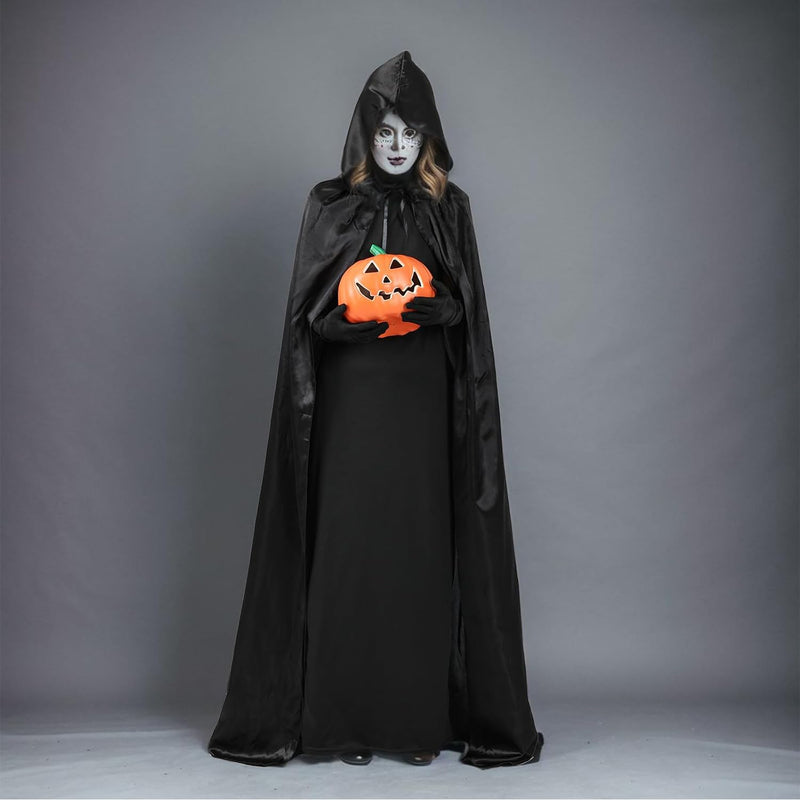 Halloween Costumes Halloween Cloak Cape Grim Reaper Costumes, Black satin Hooded Cape for Men Women
