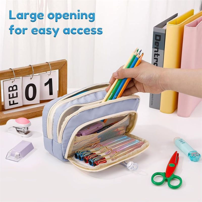 Large Capacity Pencil Case, 4 Compartment Pen Bag, Cute Stationary Organizer for School and Office, Ideal for Teen Girls and Boys, Blue