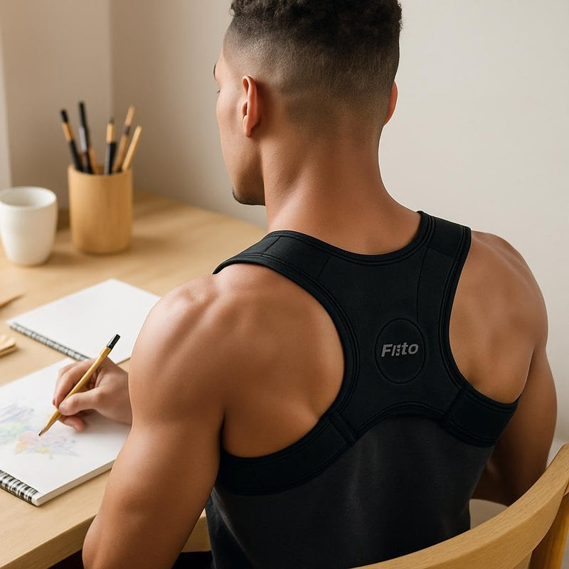 Fitto Adjustable Posture Corrector for Men and Women - Upper Back Support Brace - Black