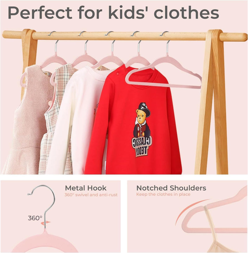 ManGotree 10 Pack 14 Inch Premium Kids Velvet Hangers for Closet, Ultra-Thin Children's Clothes Hangers with 360° Swivel Hook, Sturdy Non-Slip Felt Kids Hangers for Youth (Black)