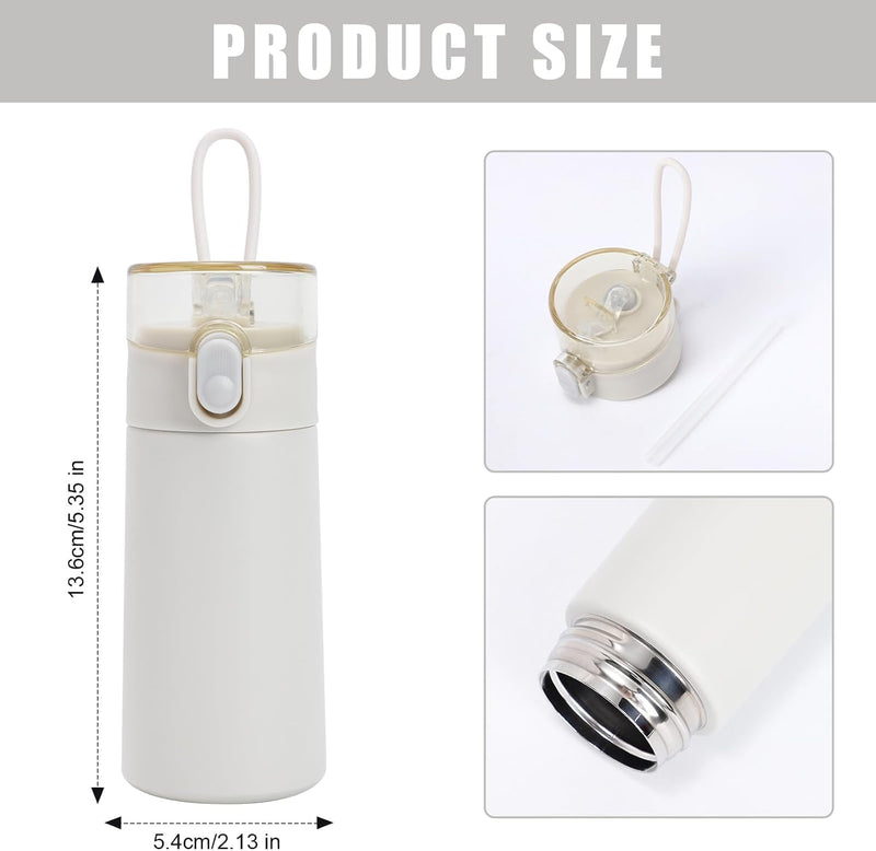 Small Water Bottle with Straw, Mini Thermos Flask, for Hot and Cold Drinks, Leak-Proof Lid, Stainless Steel, One-Hand Open, 150ml, Portable for Coffee, Milk, Juice, White