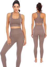 Workout Sets for Women 2 Piece High Waisted Seamless Leggings with Padded Sports Bra Sets - Coffee