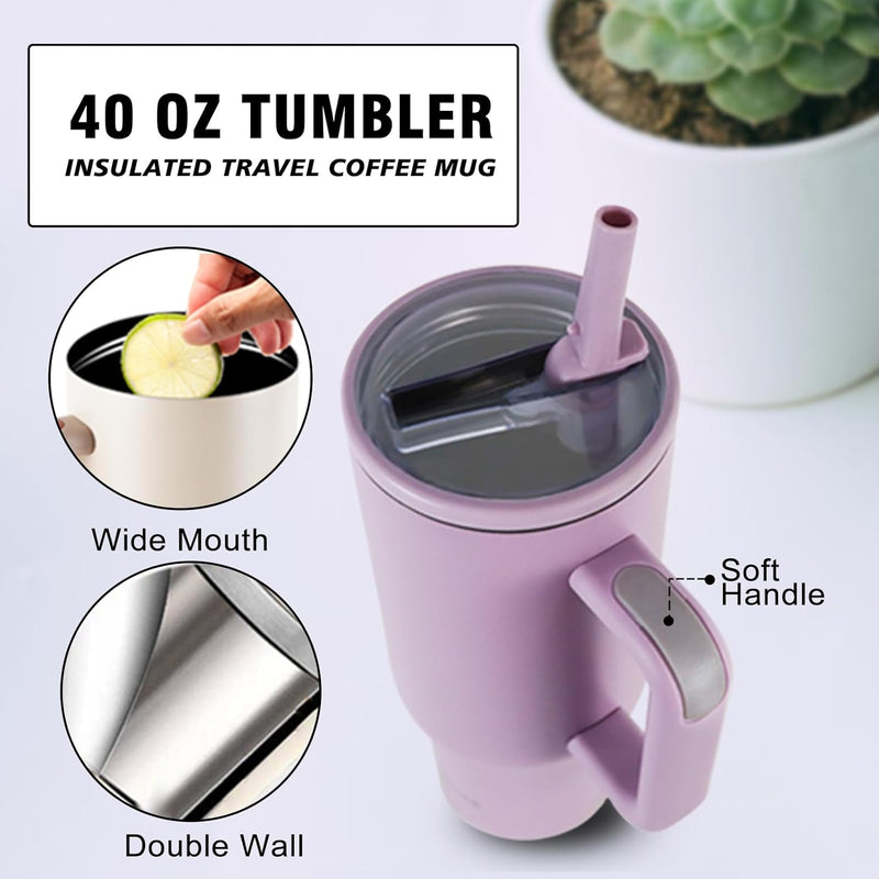 40 oz Tumbler with Handle and Flip Straw Insulated Cup Reusable Stainless Steel Water Bottle Travel Mug Cupholder Friendly, Black
